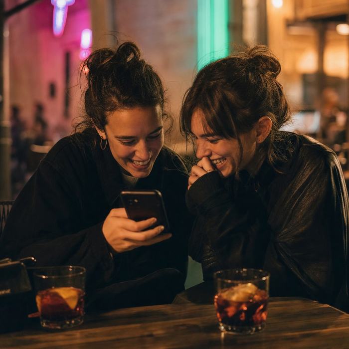 Dos amigas mirando la app en una terraza de noche